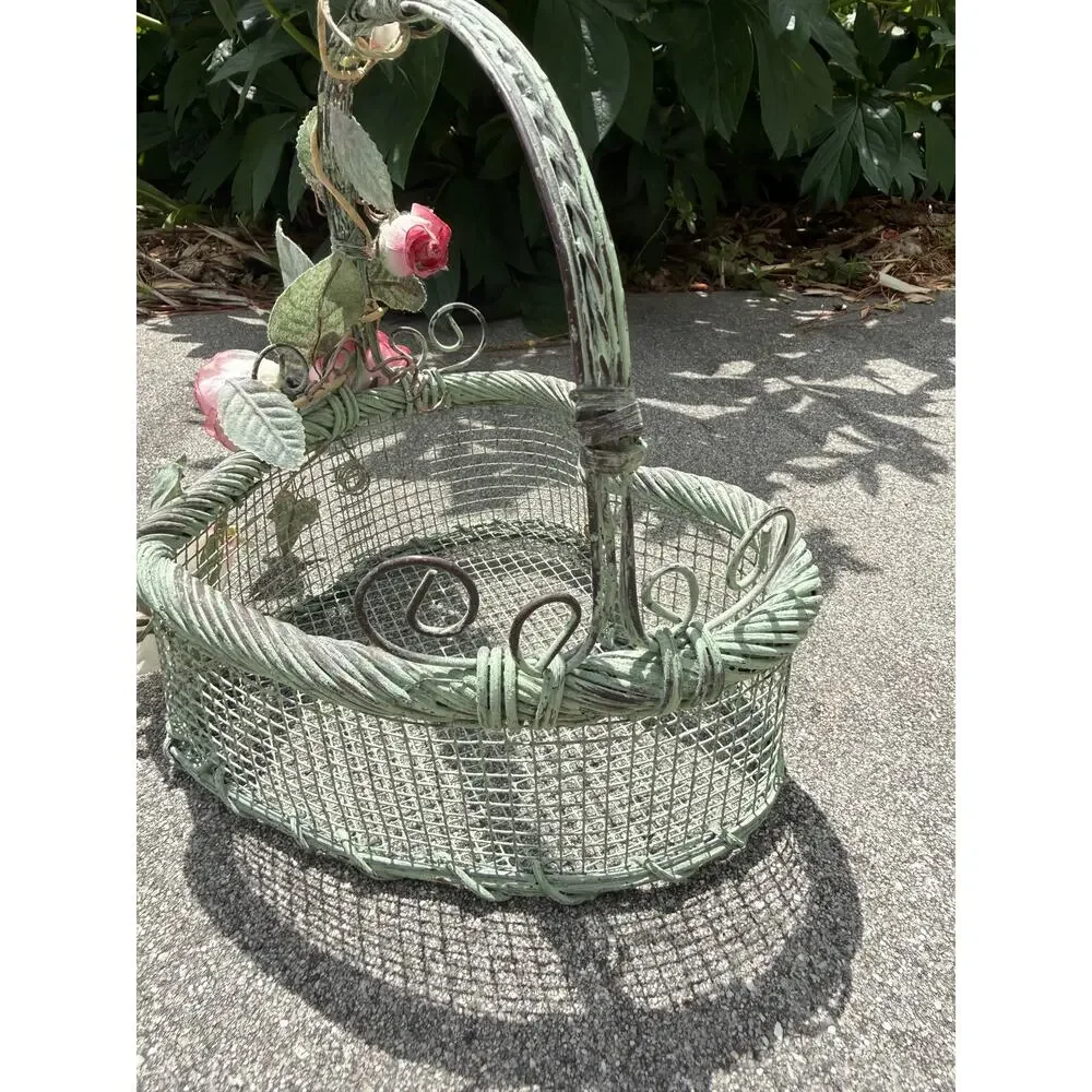 Vintage Heart Shaped Metal Wire Basket with Roses